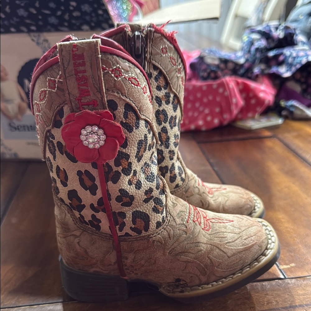 Roper Tan Leopard Print Boots with Red Trim
